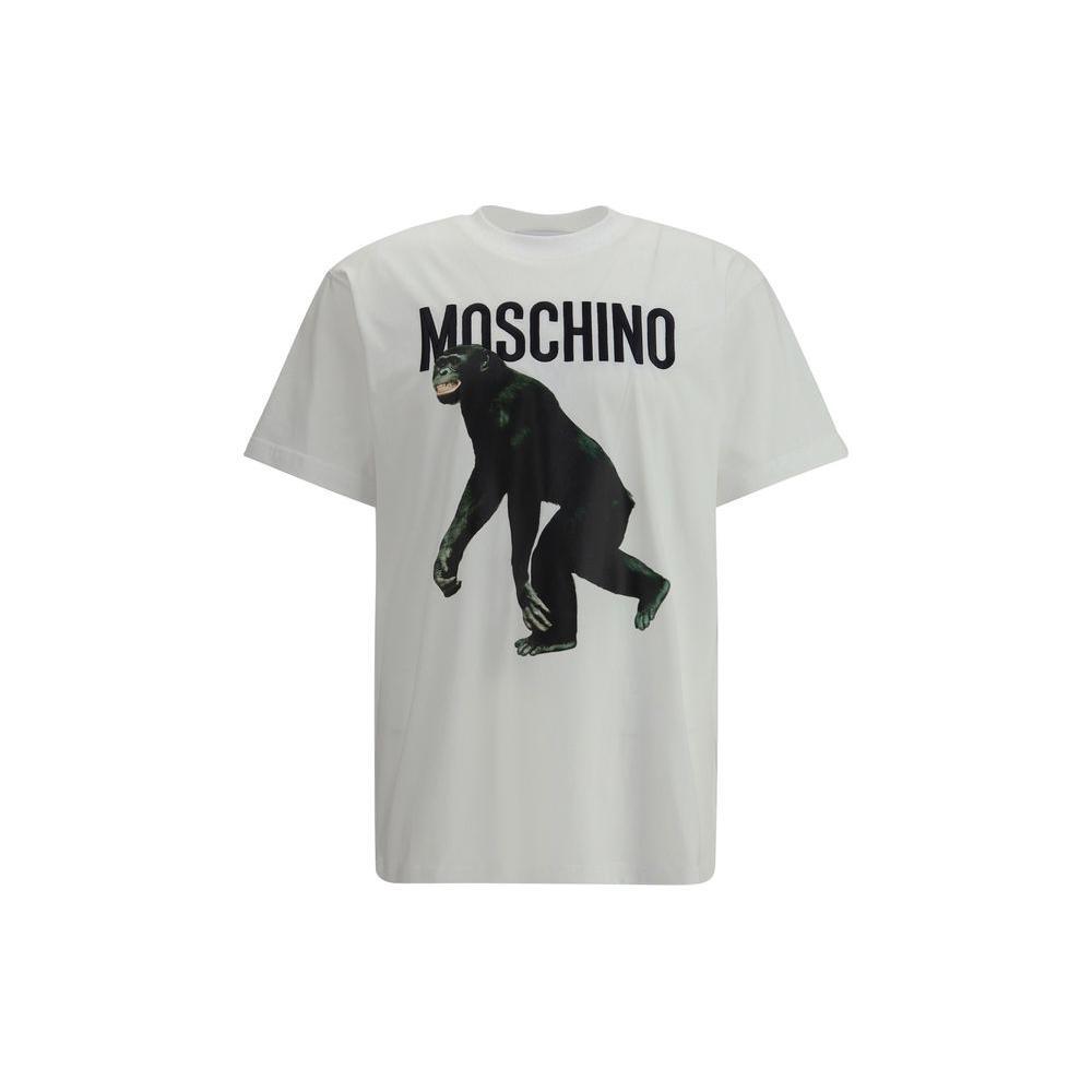 Moschino cotton T-shirt featuring a playful monkey graphic and iconic monogram, offering a casual, distinctive look. SS25 collection.