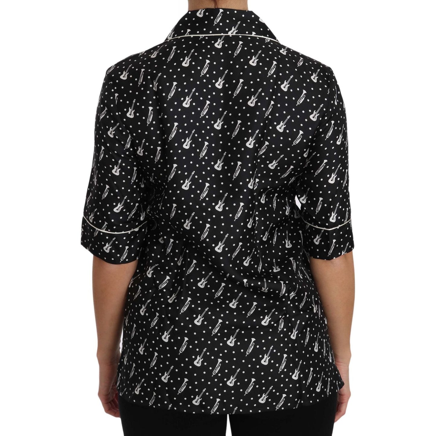 Dolce & Gabbana Black GuitarTrumpet Print Silk Shirt Top TSH3181-42