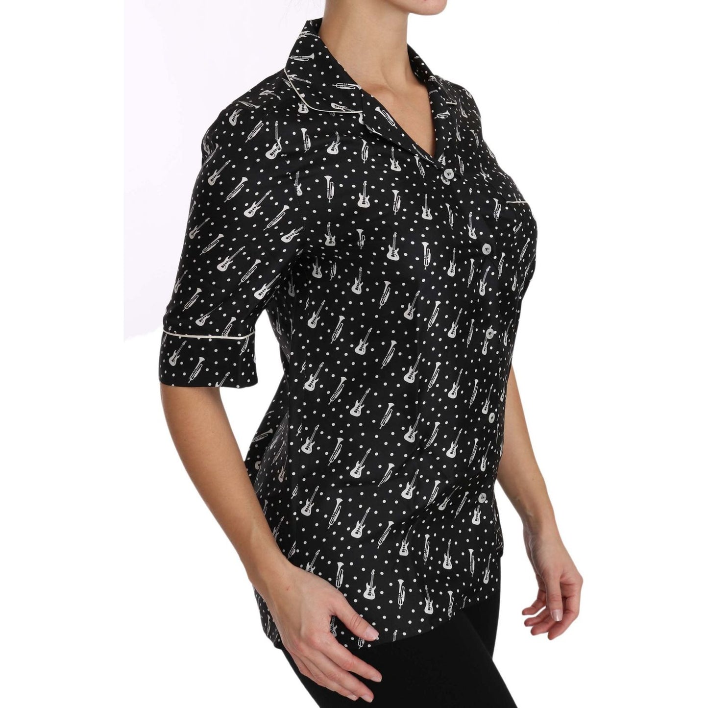 Dolce & Gabbana Black GuitarTrumpet Print Silk Shirt Top TSH3181-42