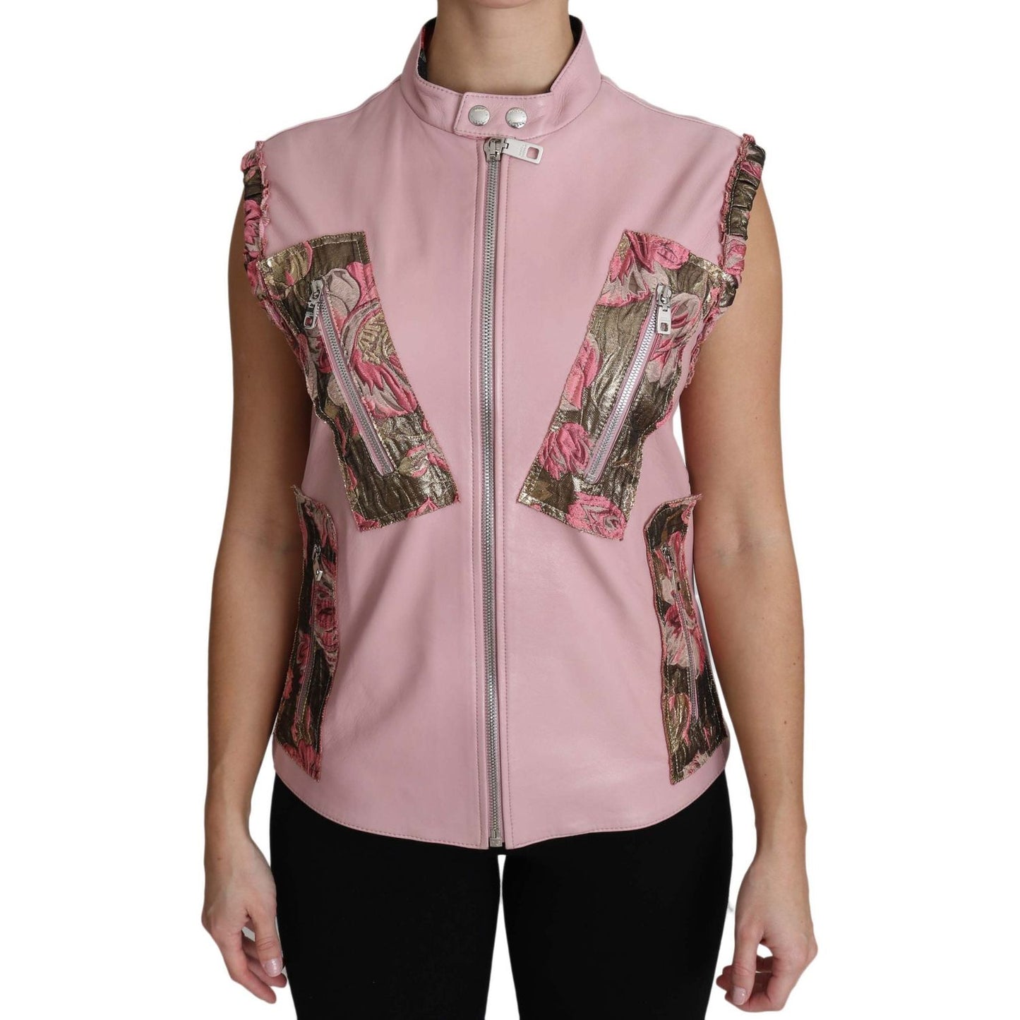 Dolce & Gabbana Pink Zippered Lamb Sleeveless Vest Leather Jacket TSH3200-40