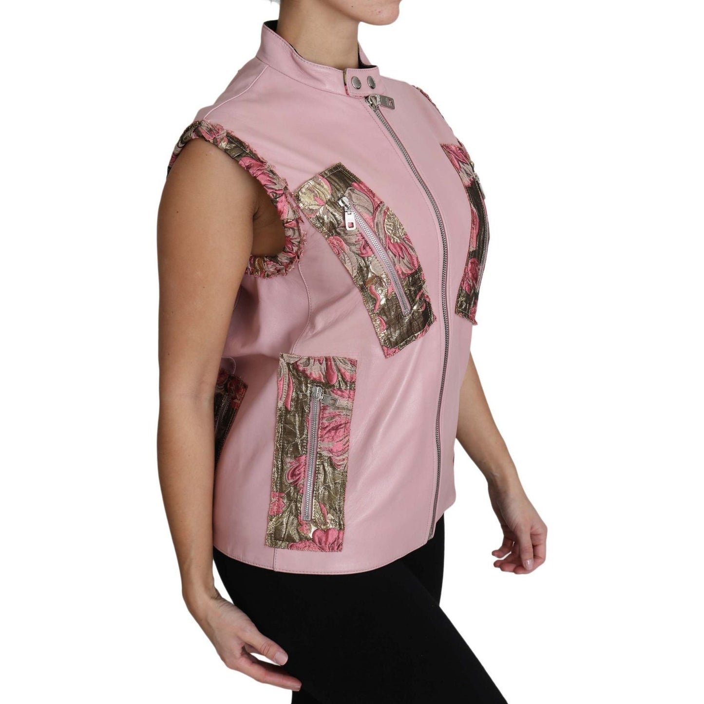 Dolce & Gabbana Pink Zippered Lamb Sleeveless Vest Leather Jacket TSH3200-40