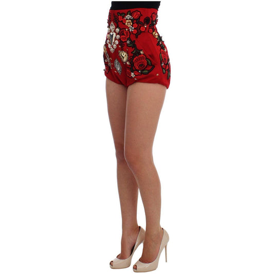 Dolce & Gabbana Red Silk Crystal Roses Shorts SIG20119-3