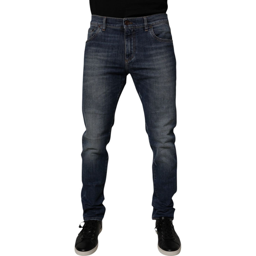 Dolce & Gabbana Dark Blue Cotton Leather Skinny Denim Jeans PAN75258-50