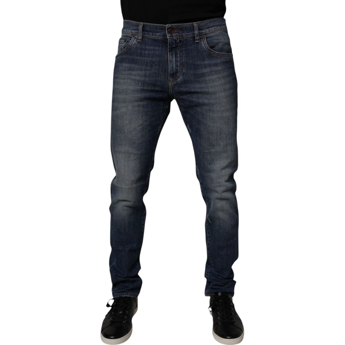 Dolce & Gabbana Dark Blue Cotton Leather Skinny Denim Jeans PAN75258-50