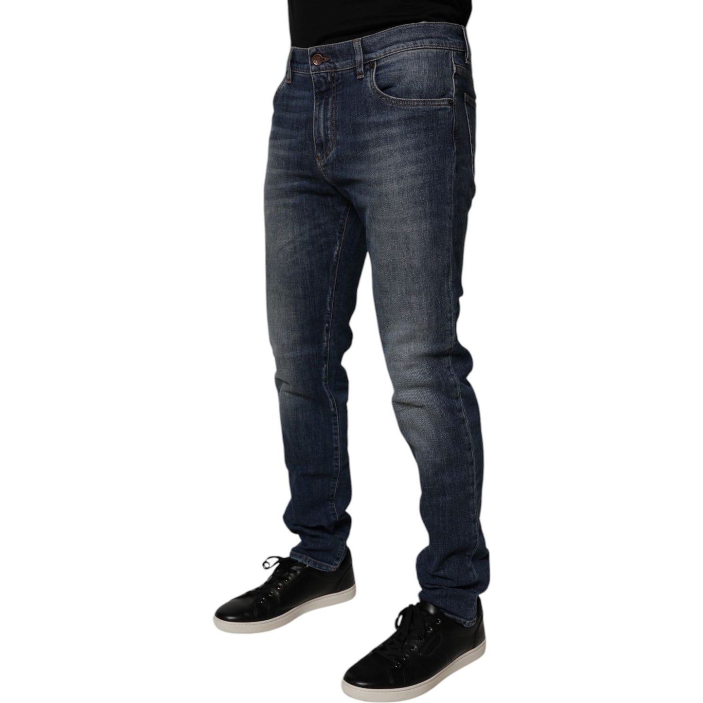 Dolce & Gabbana Dark Blue Cotton Leather Skinny Denim Jeans PAN75258-50