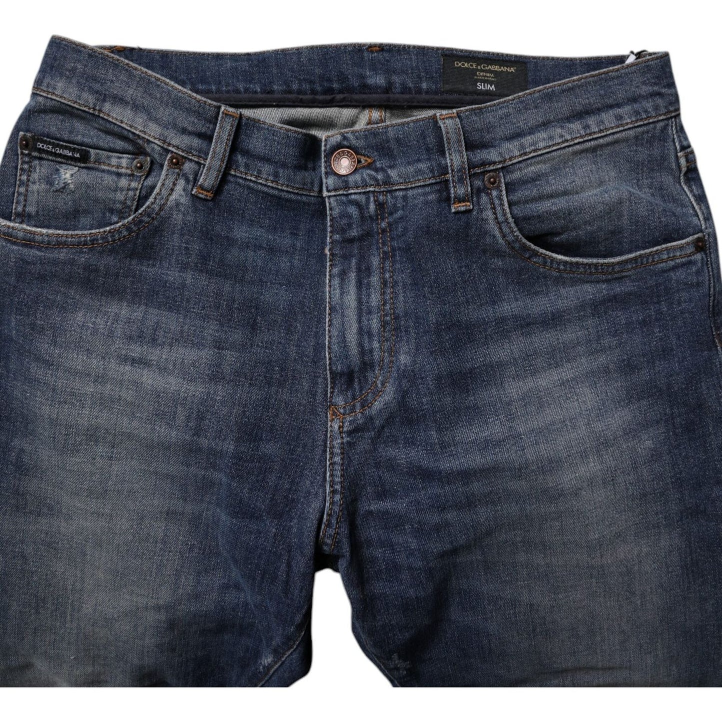 Dolce & Gabbana Dark Blue Cotton Leather Skinny Denim Jeans PAN75258-50