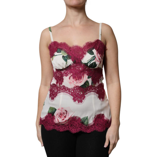 Dolce & Gabbana White Rose Print Satin Lace Tank Top Lingerie TSH90111-38