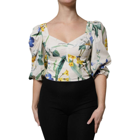 Dolce & Gabbana White Floral Puff Sleeves Crop Blouse Top TSH90123-40