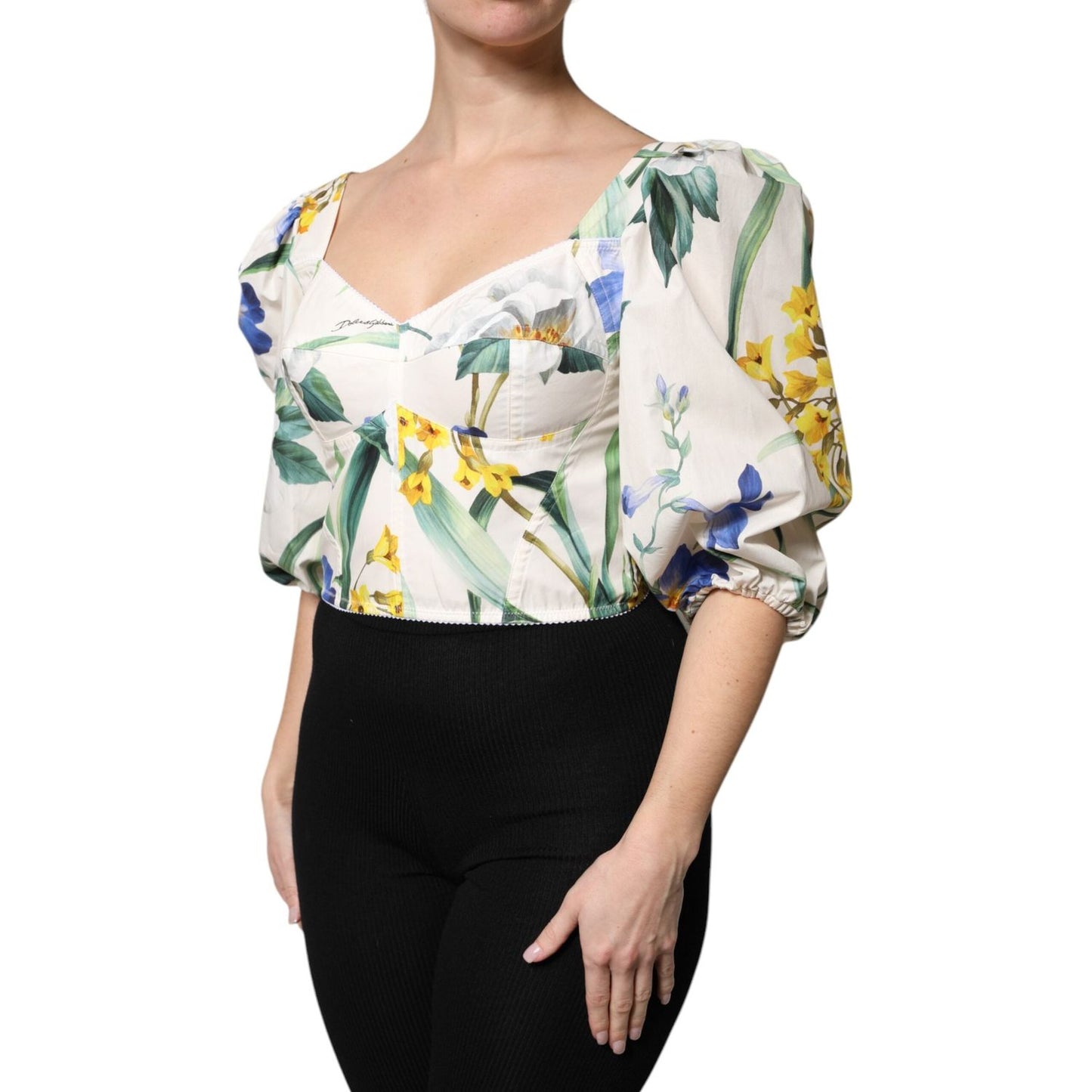 Dolce & Gabbana White Floral Puff Sleeves Crop Blouse Top TSH90123-40