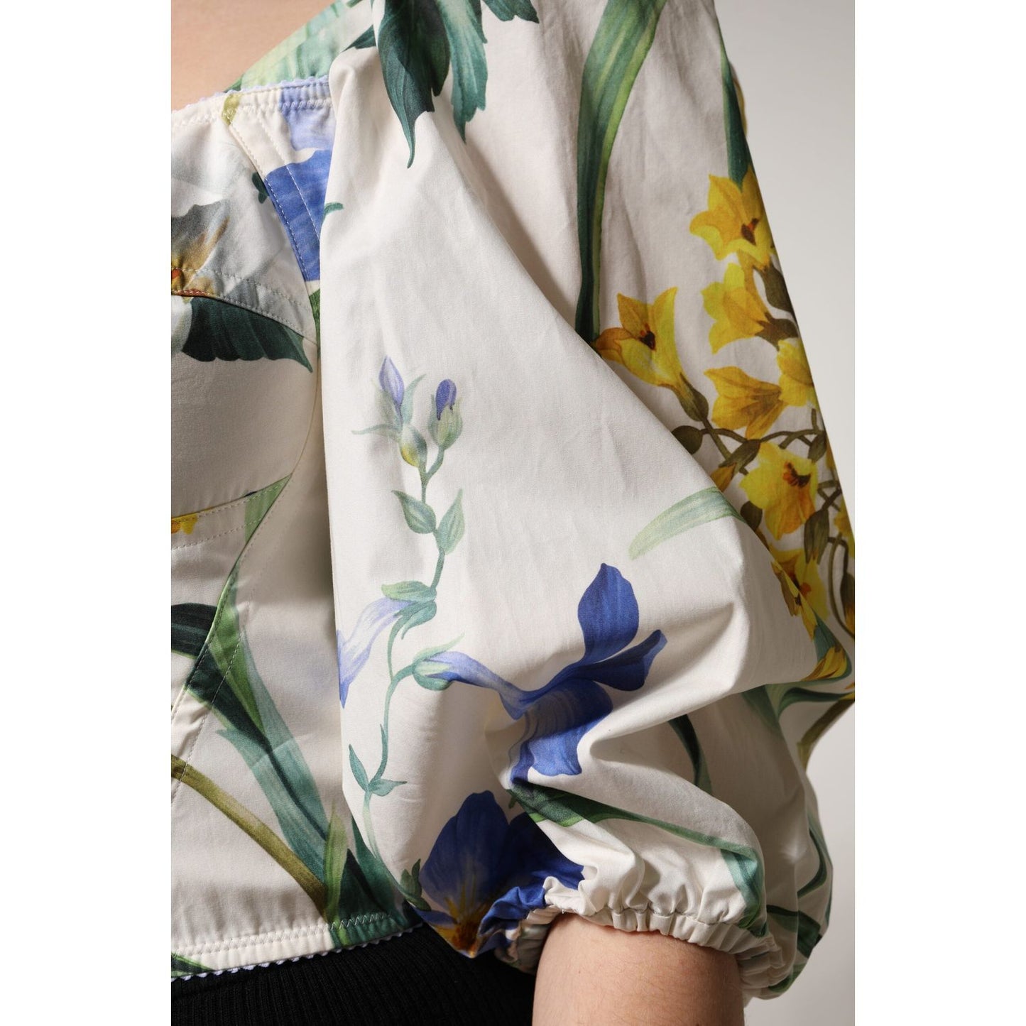 Dolce & Gabbana White Floral Puff Sleeves Crop Blouse Top TSH90123-40