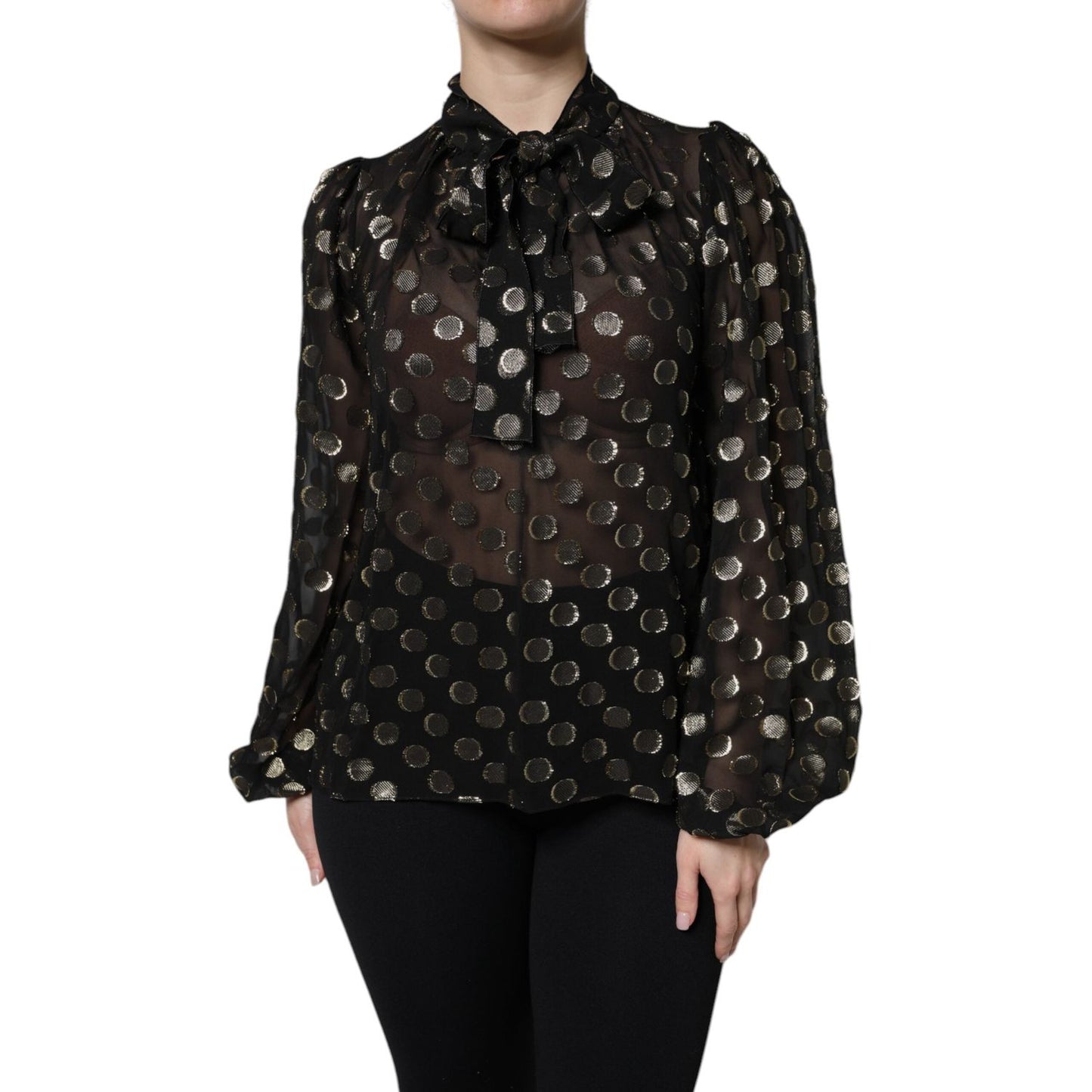 Dolce & Gabbana Black Sheer Tied Neck Polka Dots Blouse Top TSH90241-36