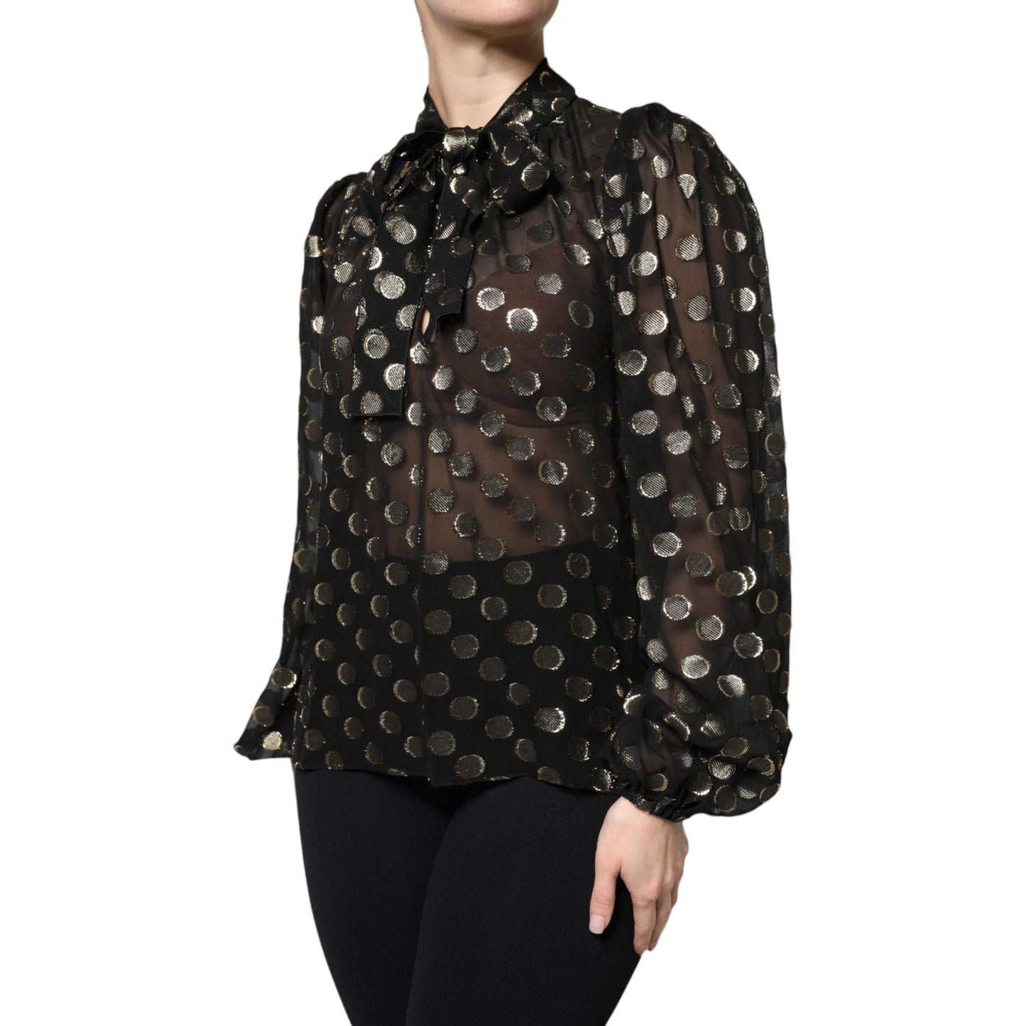 Dolce & Gabbana Black Sheer Tied Neck Polka Dots Blouse Top TSH90241-36