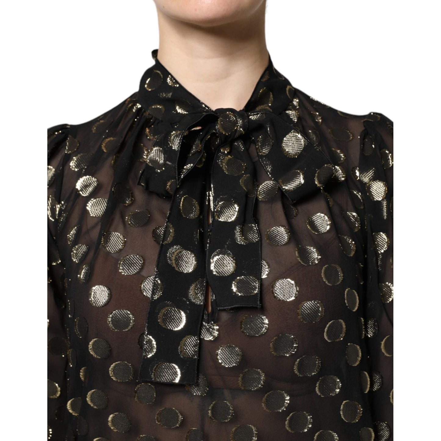 Dolce & Gabbana Black Sheer Tied Neck Polka Dots Blouse Top TSH90241-36