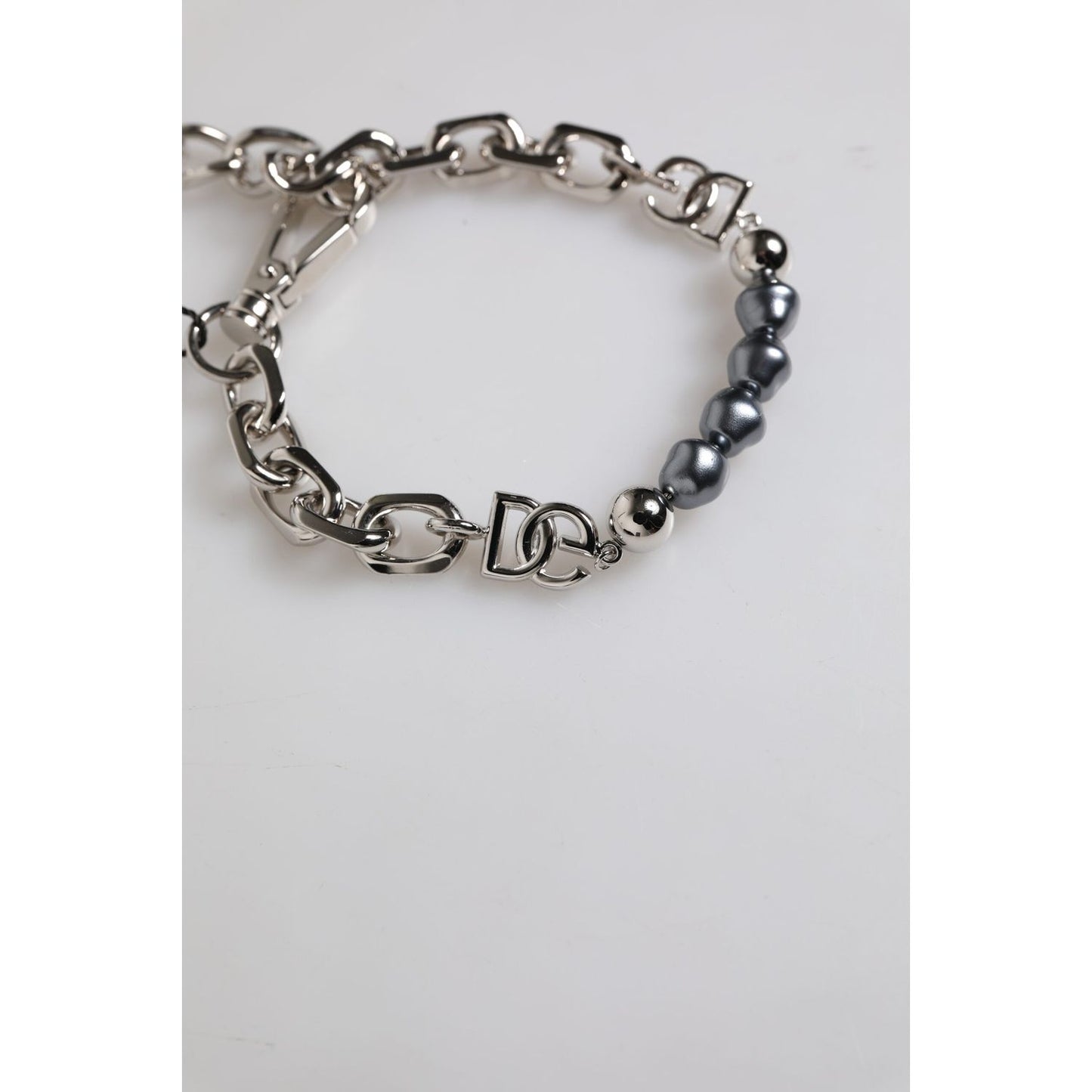 Dolce & Gabbana Silver Tone Chain Lobster Clasp Logo Gray Pearls Bracelet SMY10436