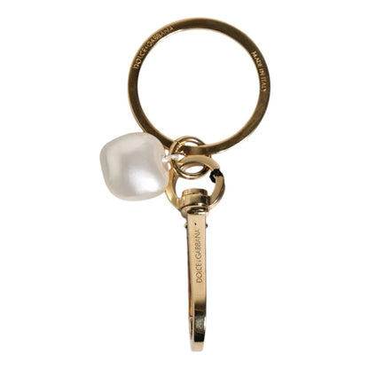 Dolce & Gabbana Chic Gold Brass Faux Pearl Letter Charm Keyring Keychain