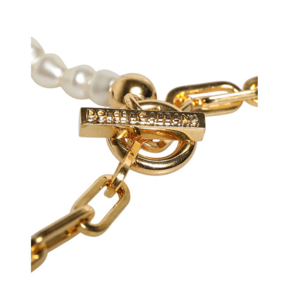 Dolce & Gabbana Gold Chain Brass Faux Pearl Charm Logo Pendant Necklace