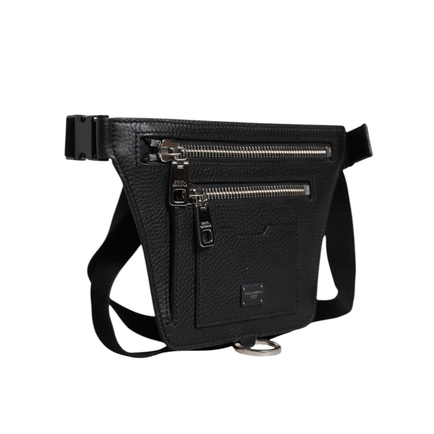 Dolce & Gabbana Black Calfskin Logo Plaque Belt Waist Men Fanny Pack Bag