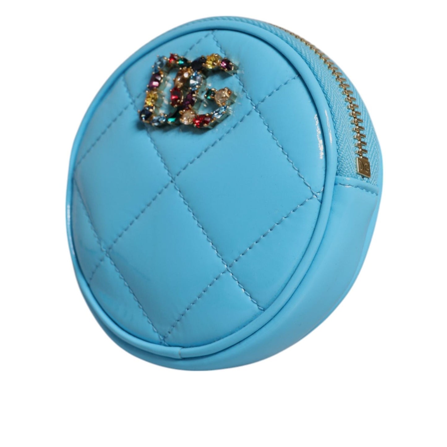 Dolce & Gabbana Light Blue Lamb Leather DG Crystal Round Coin Purse Wallet BAG4269