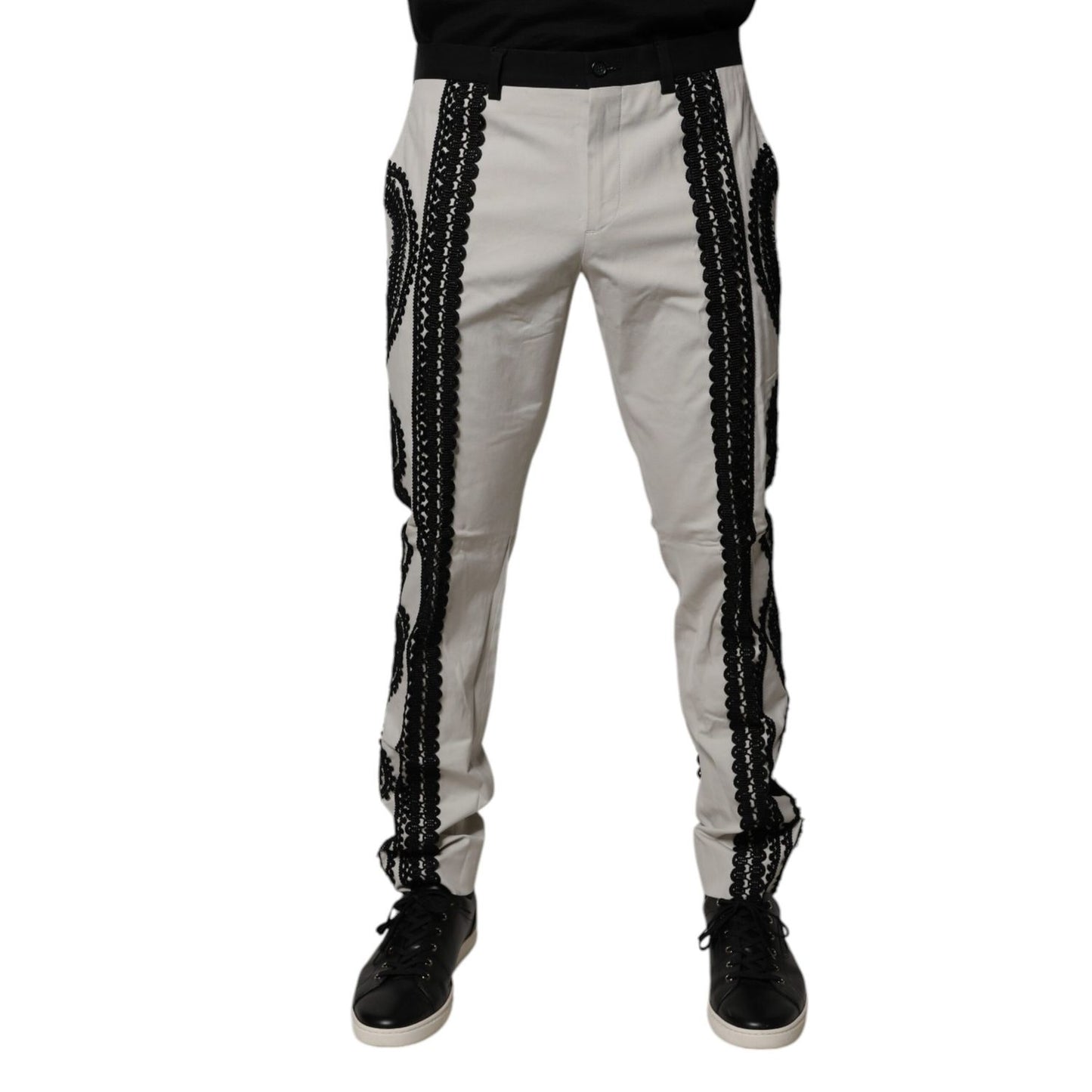 Dolce & Gabbana White Lace Trim Mid Waist Dress Formal Pants