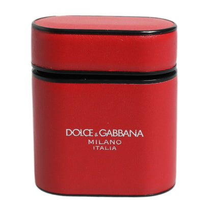 Dolce & Gabbana Red Calfskin Leather Logo Print Flip Holder Airpods Case