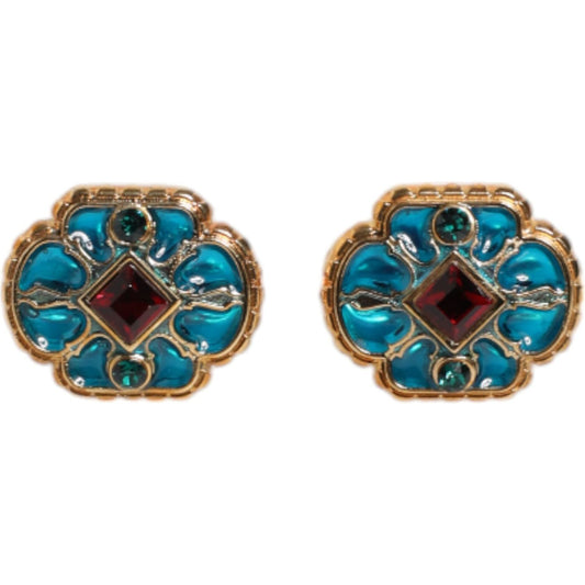 Dolce & Gabbana Gold Brass Blue Enameled Flower Cufflink 1728,67345645728,Cufflinks - Men - Jewelry,Dolce & Gabbana,Gold,Jewelry,Material: 80% Brass 15% Glass 5% Enamel,Men,Men - Jewelry,New with tags Dolce & Gabbana SMY10681