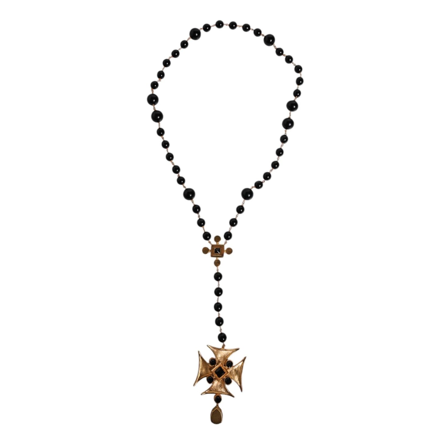 Dolce & Gabbana Gold Brass Black Beaded Chain Rosary Pendant Necklace