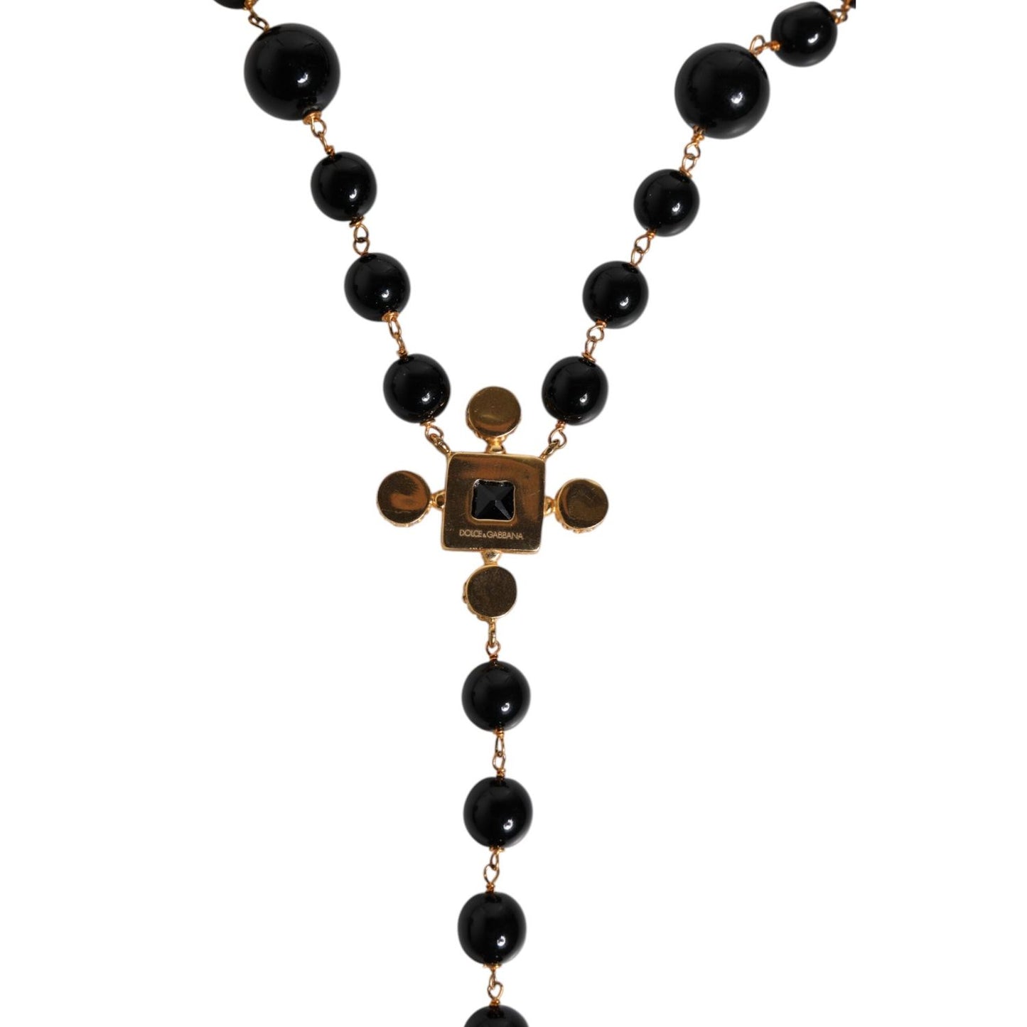Dolce & Gabbana Gold Brass Black Beaded Chain Rosary Pendant Necklace