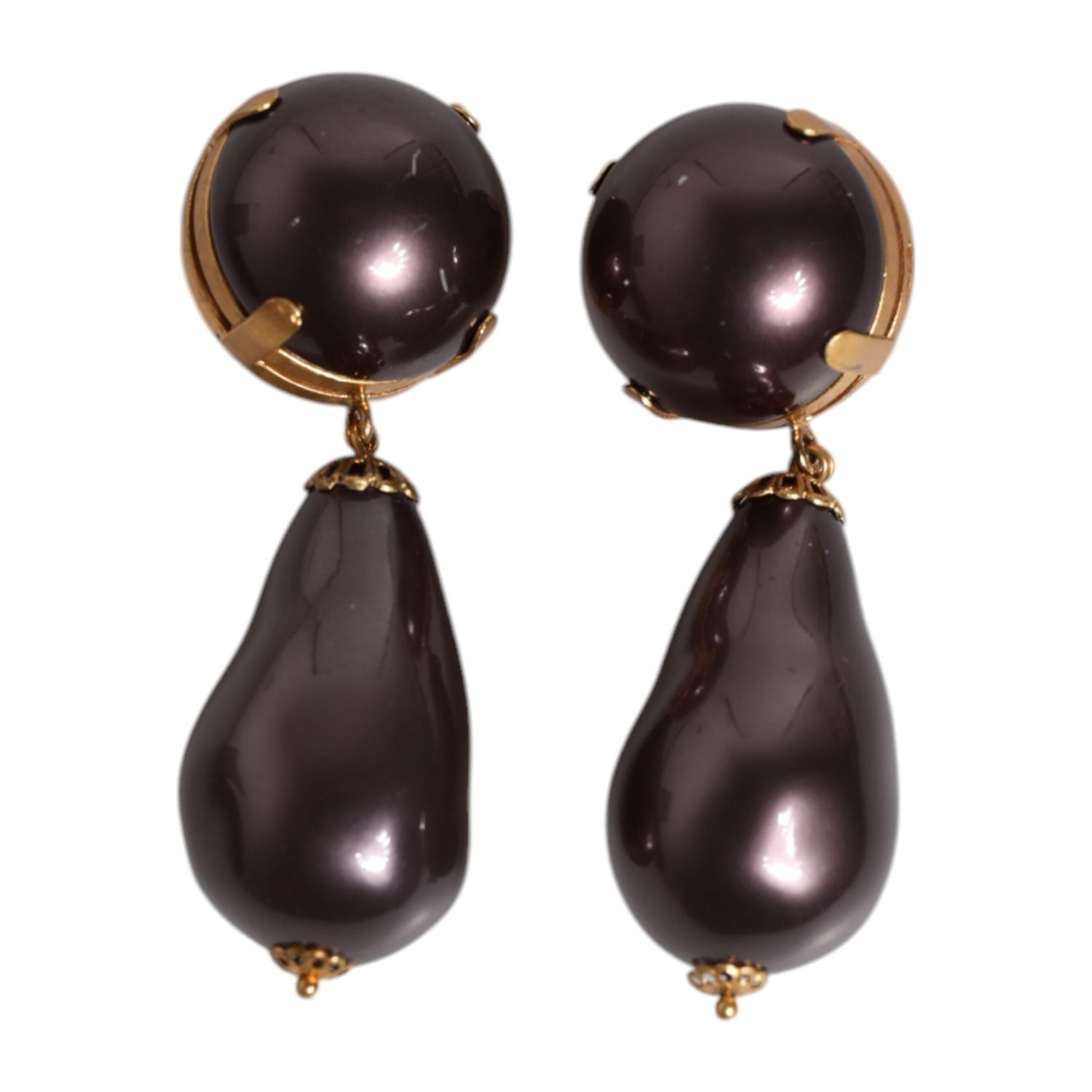 Dolce & Gabbana Gold Brass Black Pearl Clip On Dangling Jewelry Earrings