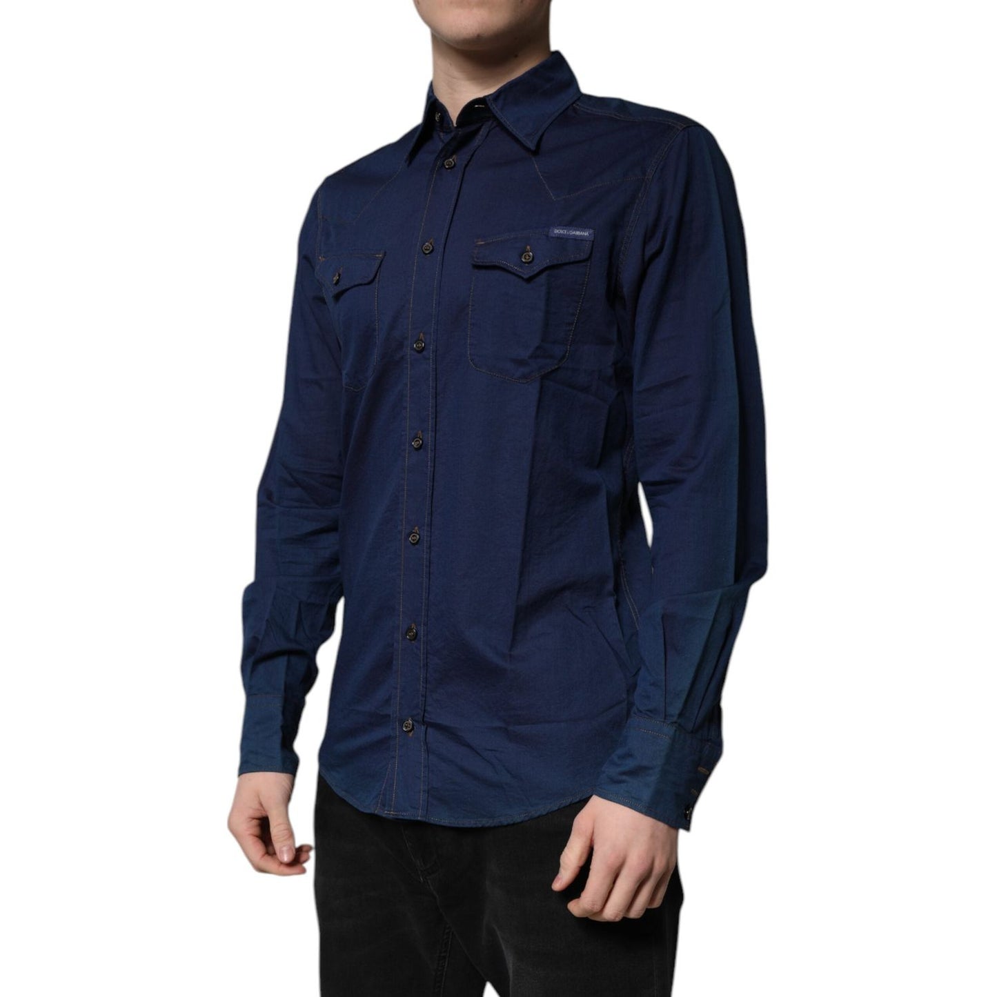 Dolce & Gabbana Dark Blue Cotton GOLD Dress Formal Shirt TSH878530-39