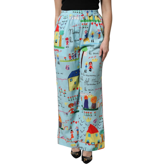 Dolce & Gabbana Light Blue Drawing Mid Waist Wide Leg Pants PAN76264-40