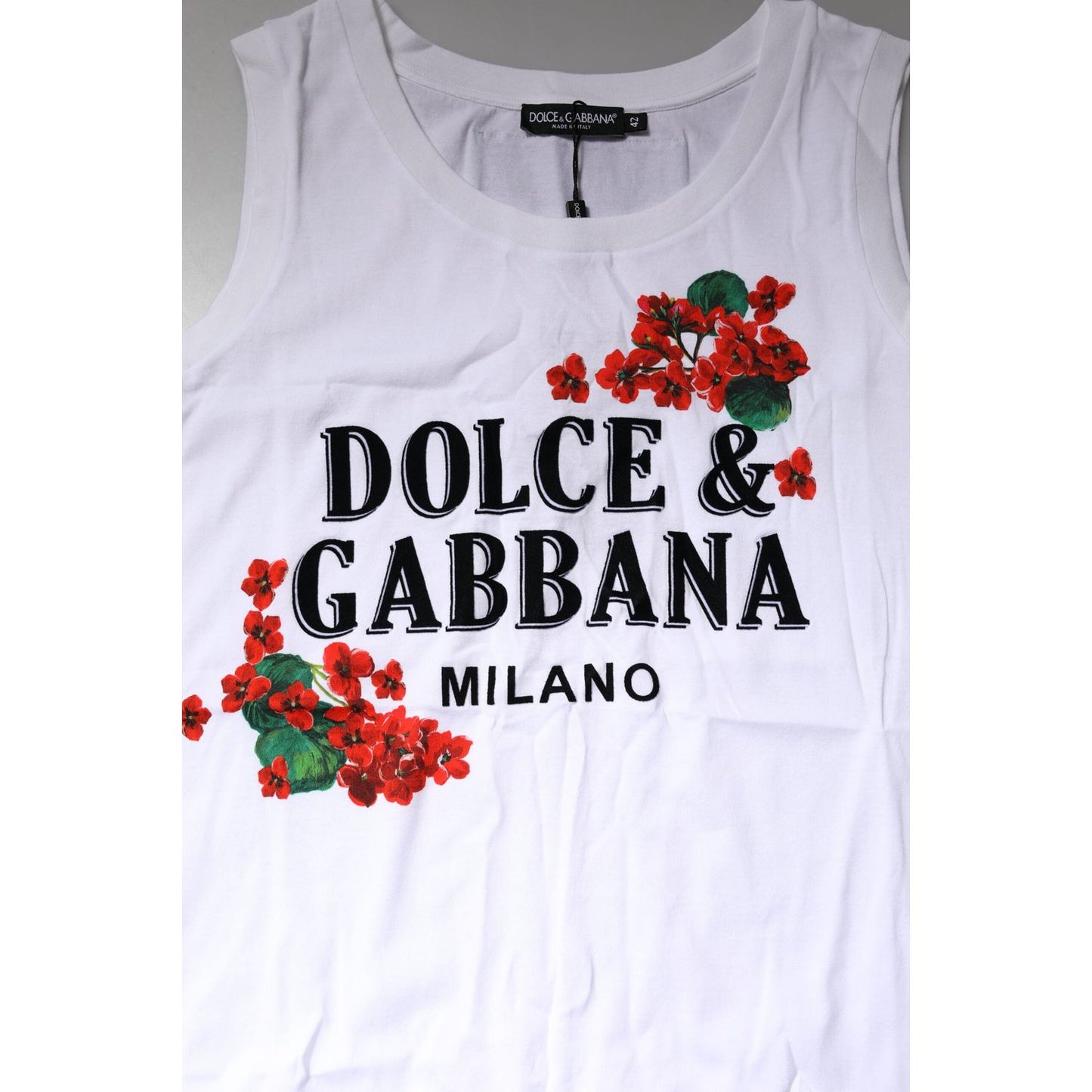 Dolce & Gabbana White Floral Printed Cotton Sleeveless T-shirt TSH8148-40