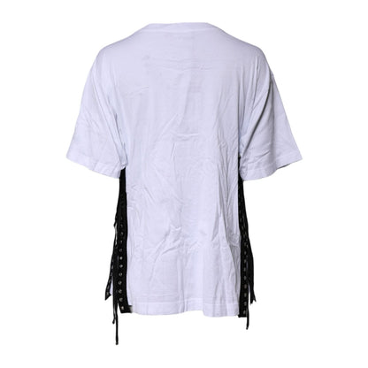 Dolce & Gabbana White Print Lace-Up Cotton Crew Neck T-shirt