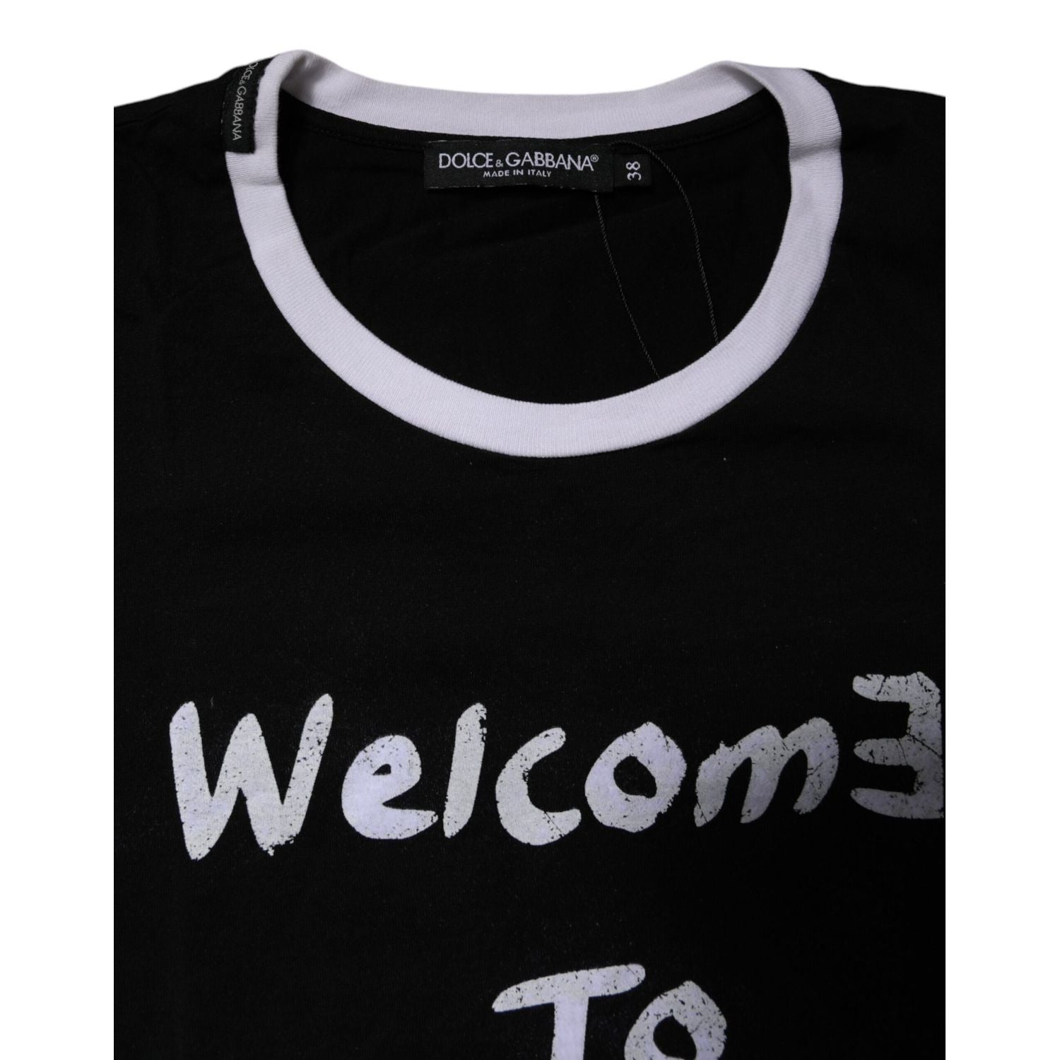 Dolce & Gabbana Black Printed Round Neck Top Cotton T-shirt