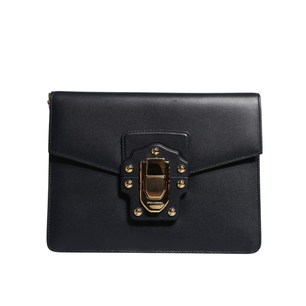 Dolce & Gabbana Black Leather Logo Gold Crossbody Purse Bag BAG4595