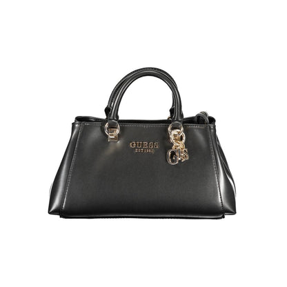 Guess Jeans Black Polyethylene Handbag with logo, two handles, adjustable strap, and multiple pockets. Elegant design with protective feet.