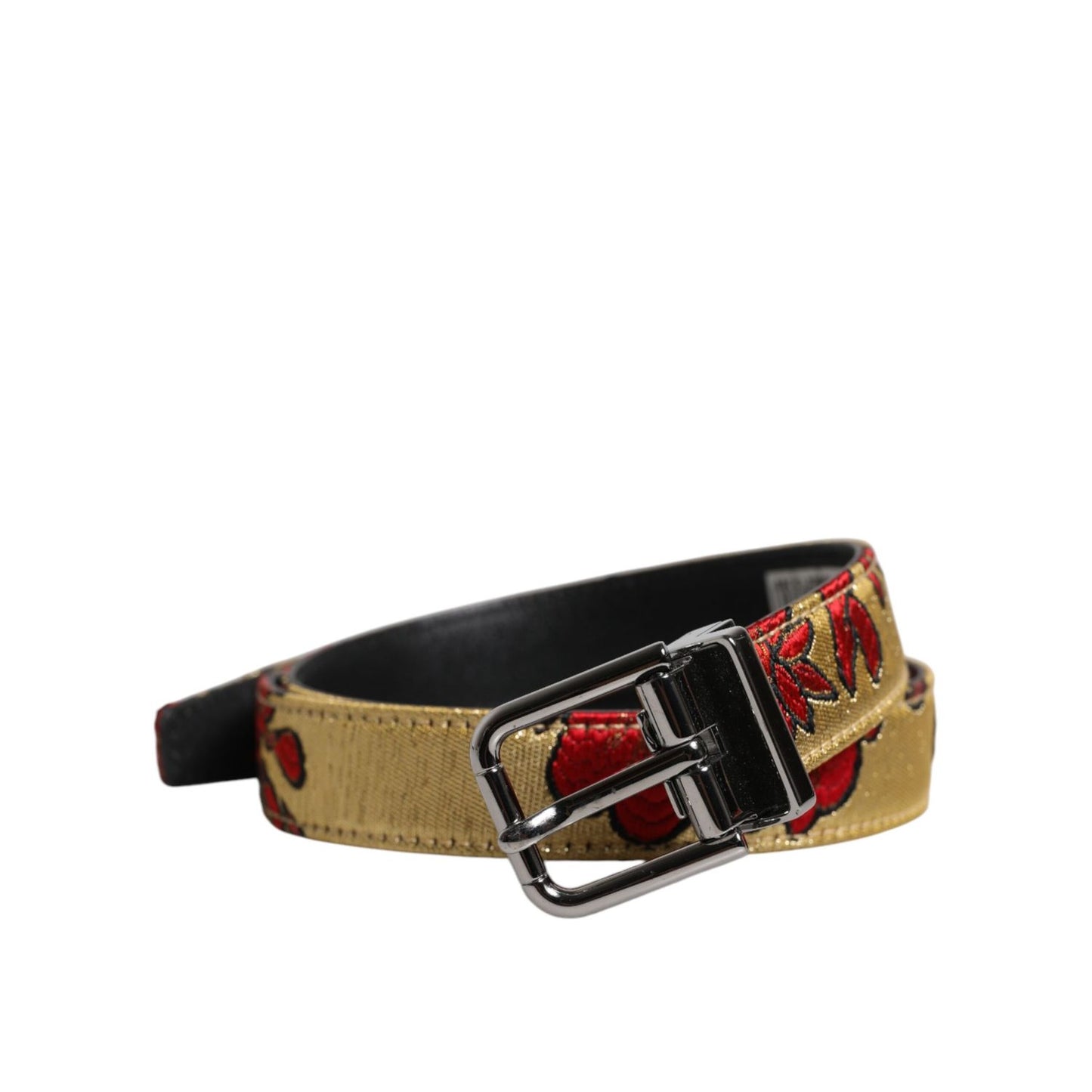 Dolce & Gabbana Gold Floral Jacquard Leather Metal Buckle Belt