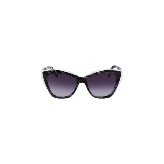 Liu Jo white acetate sunglasses with black square lenses and contrast details, lens width 53mm, bridge width 17mm, temple length 140mm.