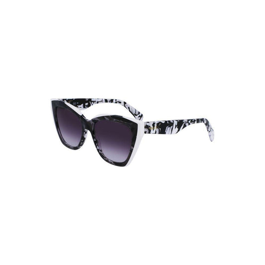 Liu Jo white acetate sunglasses with square black lenses, contrast details, and logo. Lens 53mm, bridge 17mm, temple 140mm.
