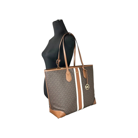 Michael Kors Eva Large Stripe Travel Tote Bag Plus Pouch Brown 79988