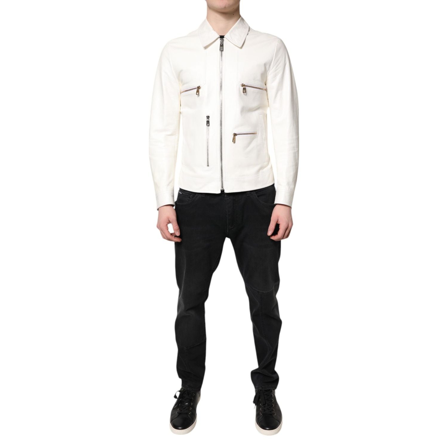 Dolce & Gabbana White Collared Full Zip Biker Coat Jacket