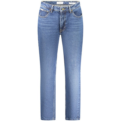 Guess Jeans Blue Cotton Jeans Denim with 5 pockets, washed effect, and button zip closure. Stylish mom jeans featuring Guess logo.