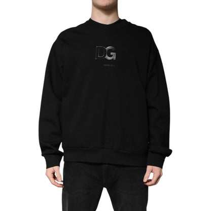 Dolce & Gabbana Black Cotton DG Crew Neck Pullover Sweater