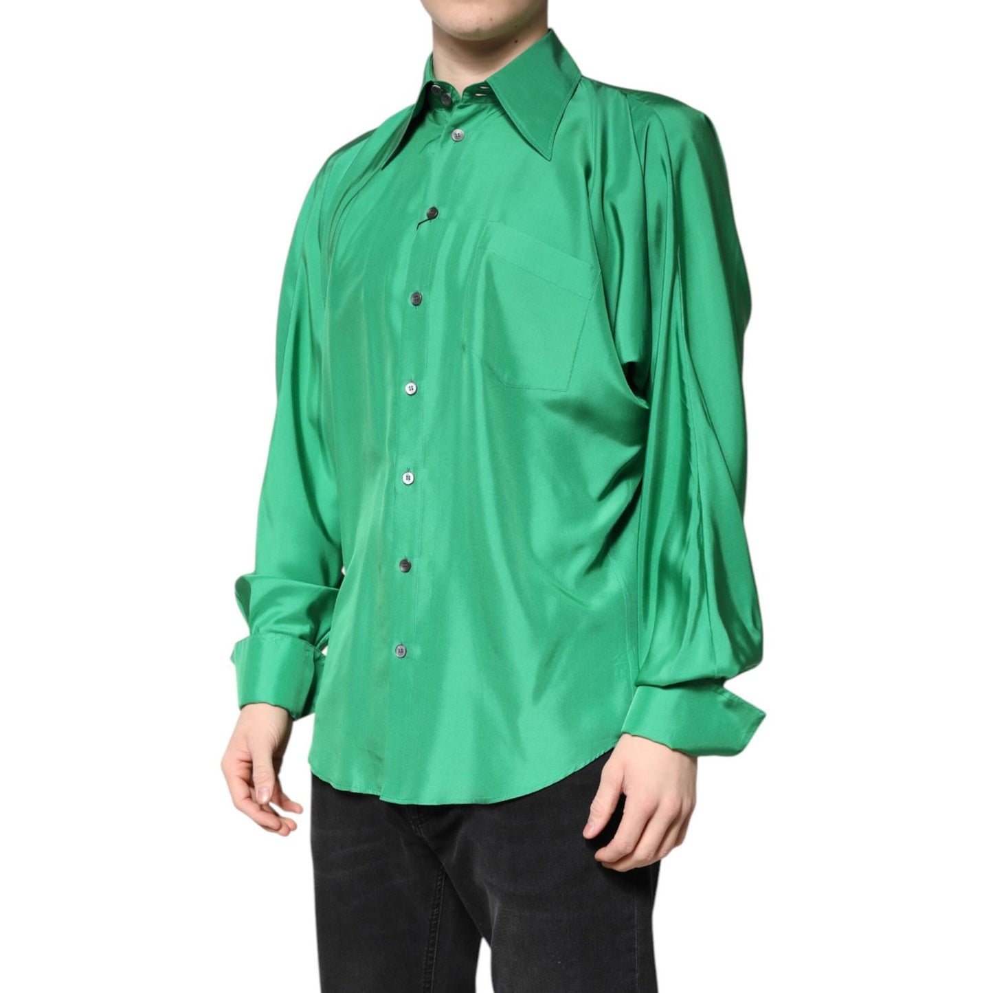 Dolce & Gabbana Green Silk Satin Long Sleeves Casual Shirt