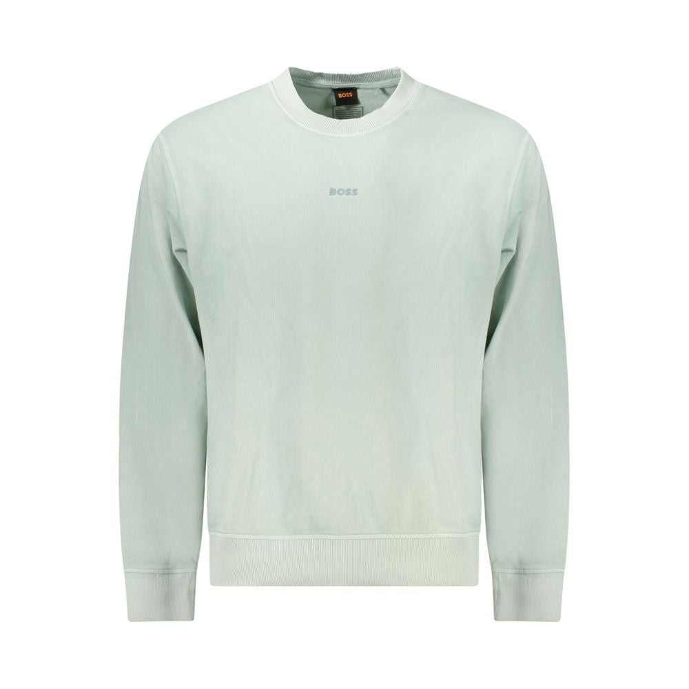 Hugo Boss Green Cotton Men Sweater with crew neck and logo, showcasing a stylish and comfortable design for a sophisticated casual look.
