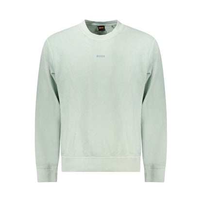 Hugo Boss Green Cotton Men Sweater with crew neck and logo, showcasing a stylish and comfortable design for a sophisticated casual look.