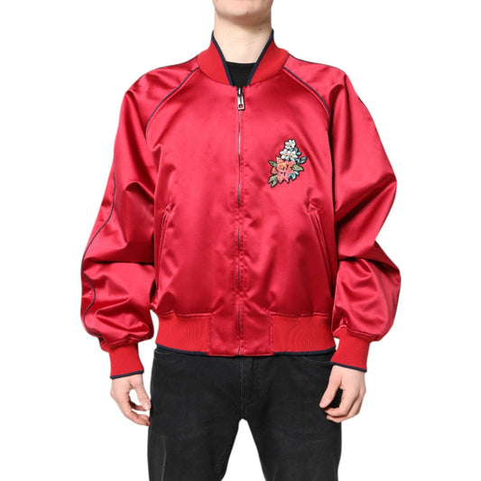 Dolce & Gabbana Red Floral Patch Full Zip Men Bomber Jacket