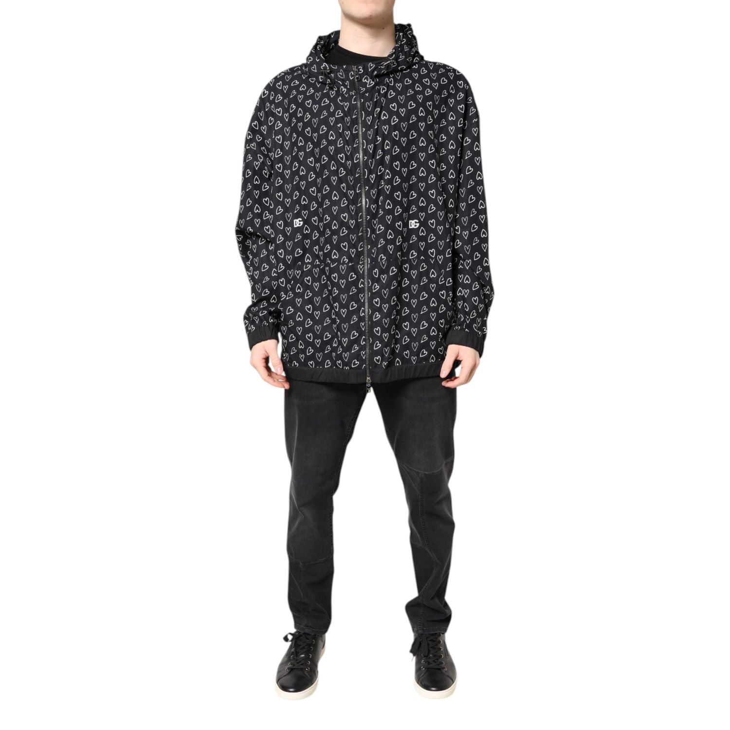 Dolce & Gabbana Black Heart Print Hooded Windbreaker Jacket