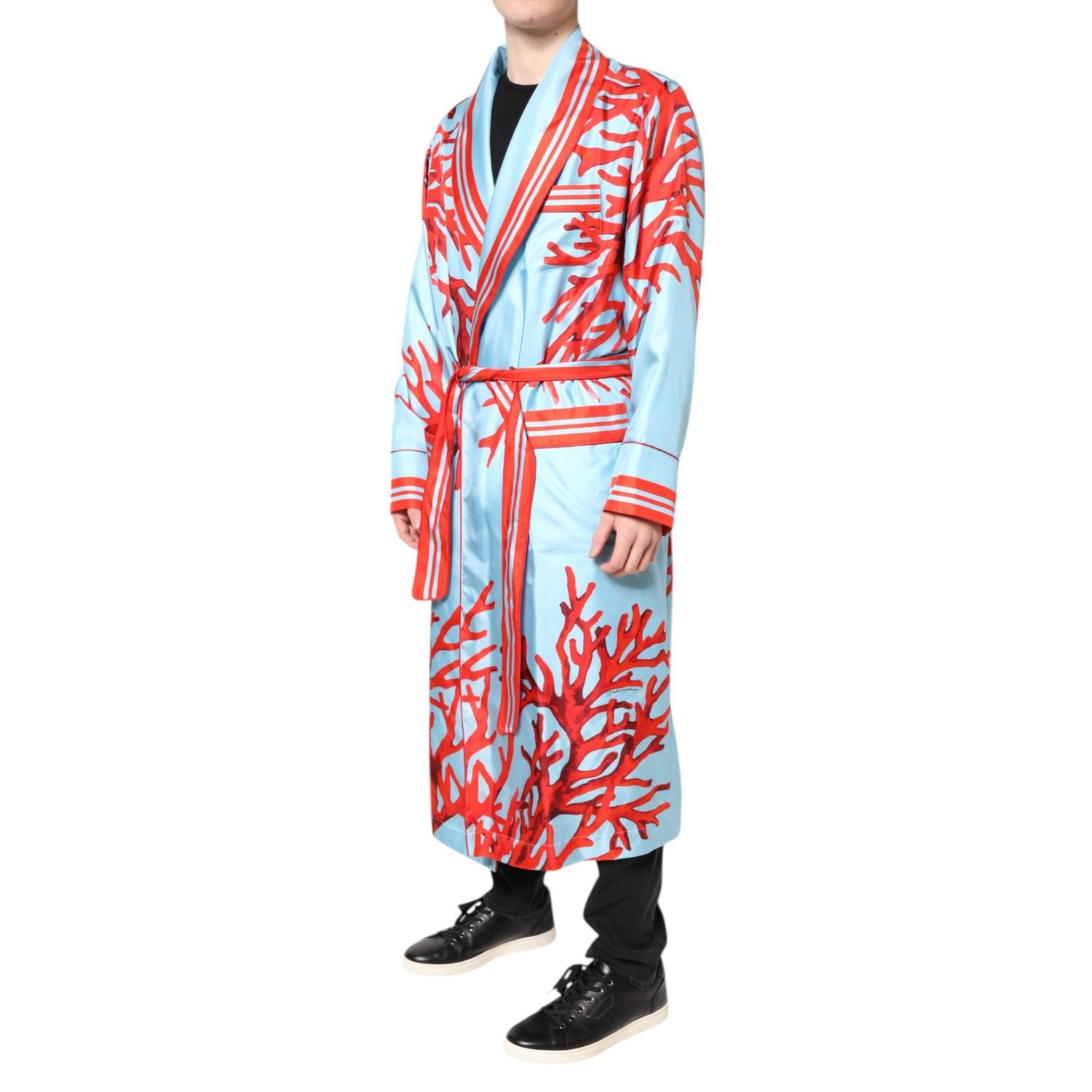 Dolce & Gabbana Blue Red Coral Print Wrap Robe Coat Jacket
