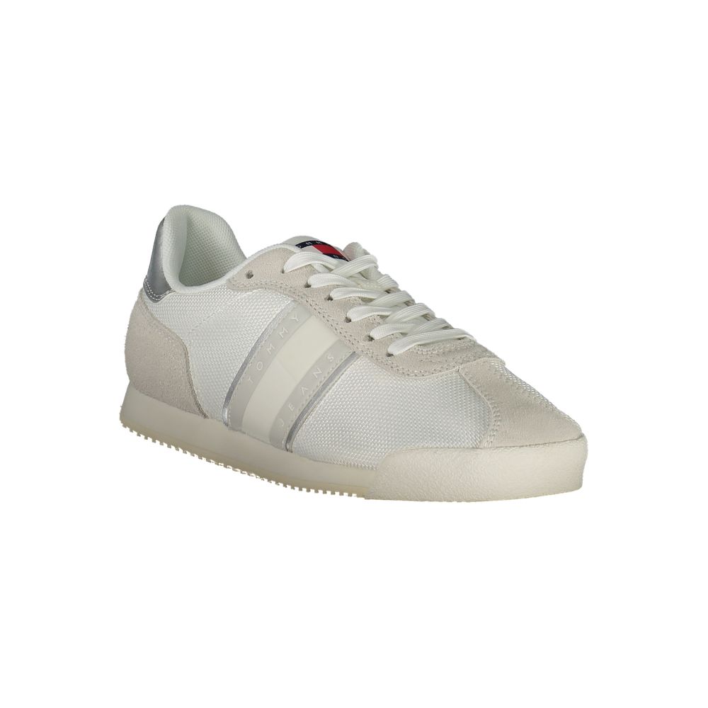 Tommy Hilfiger White Polyester Women Sneaker with recycled materials and bold logo, perfect for eco-conscious fashion.