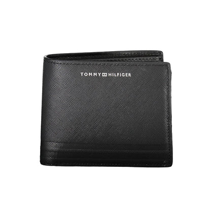 Tommy Hilfiger Black Leather Men Wallet with logo detailing, dual compartments, and a coin purse for ultimate style and functionality.